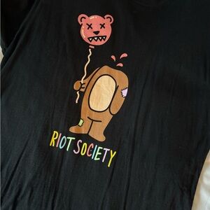 riot society Black Tee with Brown Bear and Pink Balloon Graphic